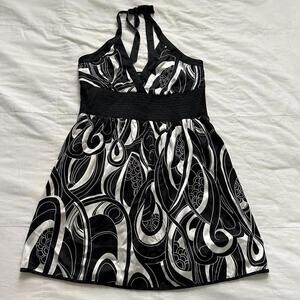 Y2K Bebe silk Black & white paisley swirl print halter dress Size medium